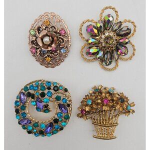 Lot of Colorful Rhinestone Brooches Flower Basket Copper